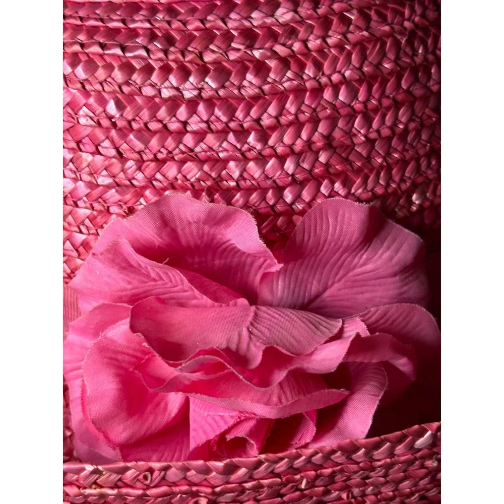 Vintage Magenta Pink Straw Sun Hat Wide Brim Floral Ribbon Accent Summer Beach